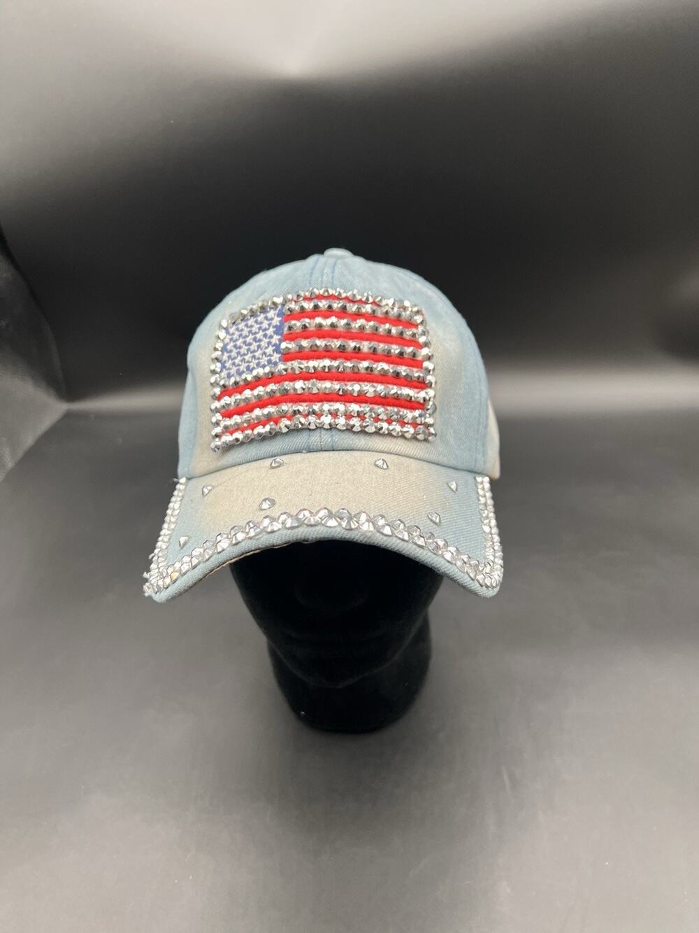 American Flag Bling Rhinestone Baseball Cap - Light Blue Wash